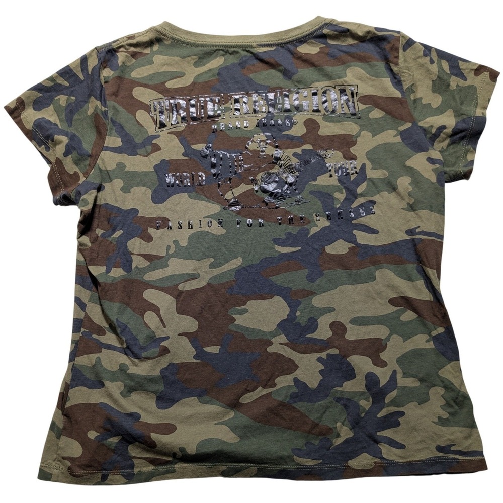True Religion Women XL Camo Foil Buddha World Tour Slim V-Neck Tee EUC
